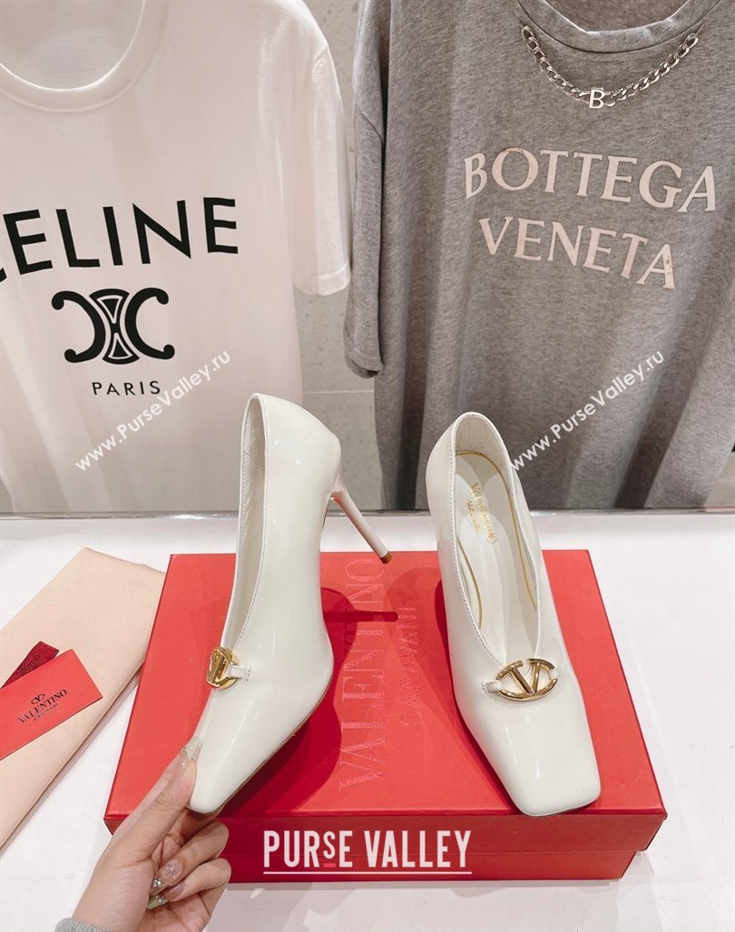 Valentino The Bold Edition VLogo Square Pumps 9.5cm in Patent Calfskin White 2024 (MD-240429178)