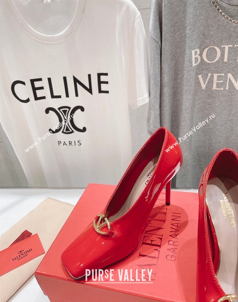 Valentino The Bold Edition VLogo Square Pumps 9.5cm in Patent Calfskin Red 2024 (MD-240429179)