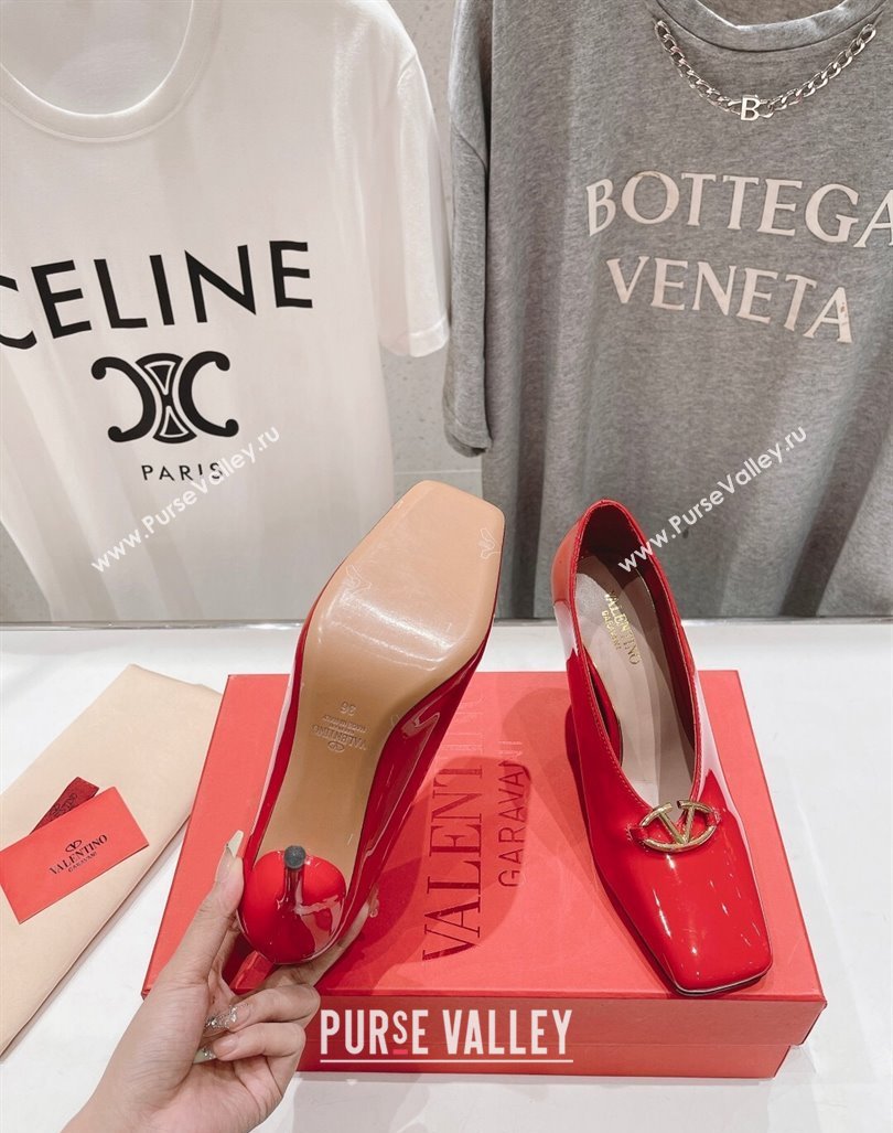 Valentino The Bold Edition VLogo Square Pumps 9.5cm in Patent Calfskin Red 2024 (MD-240429179)