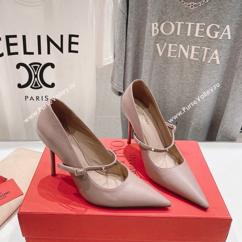 Valentino Rockstud Wispy Mary Janes Pumps 9.5cm in Calfskin Dusty Pink 2024 (MD-240429189)