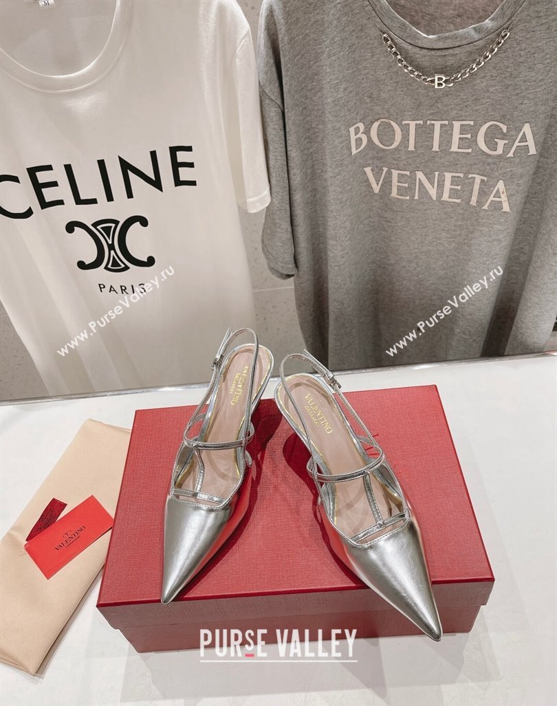 Valentino Rockstud Wispy Calfskin Slingback Pumps 6cm Silver 2024 0429 (MD-240429139)