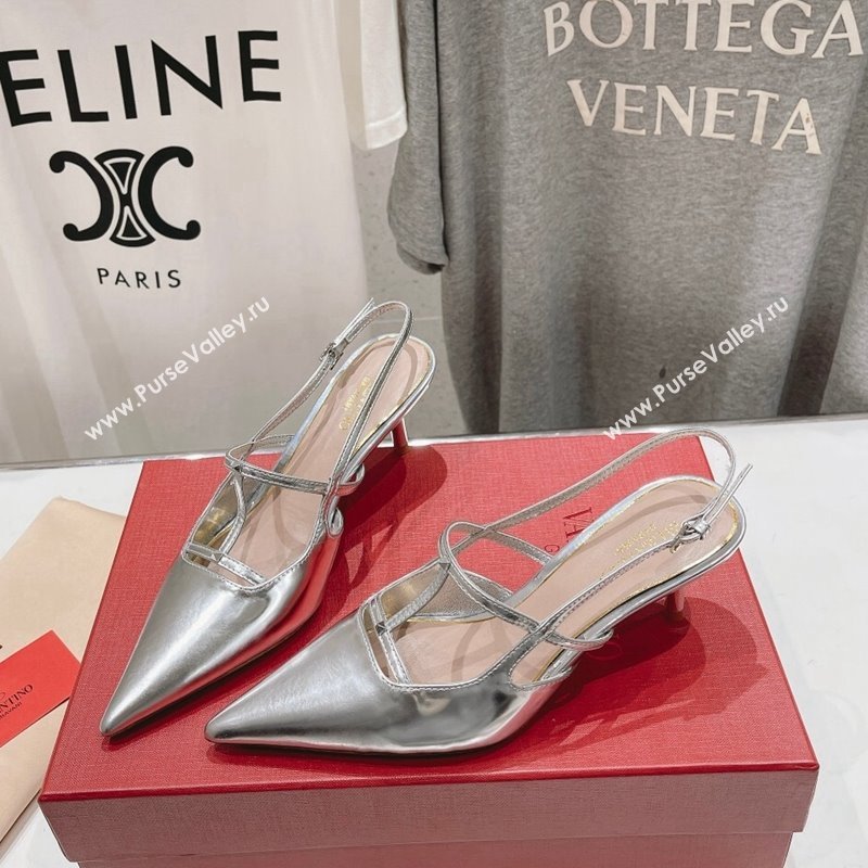 Valentino Rockstud Wispy Calfskin Slingback Pumps 6cm Silver 2024 0429 (MD-240429139)