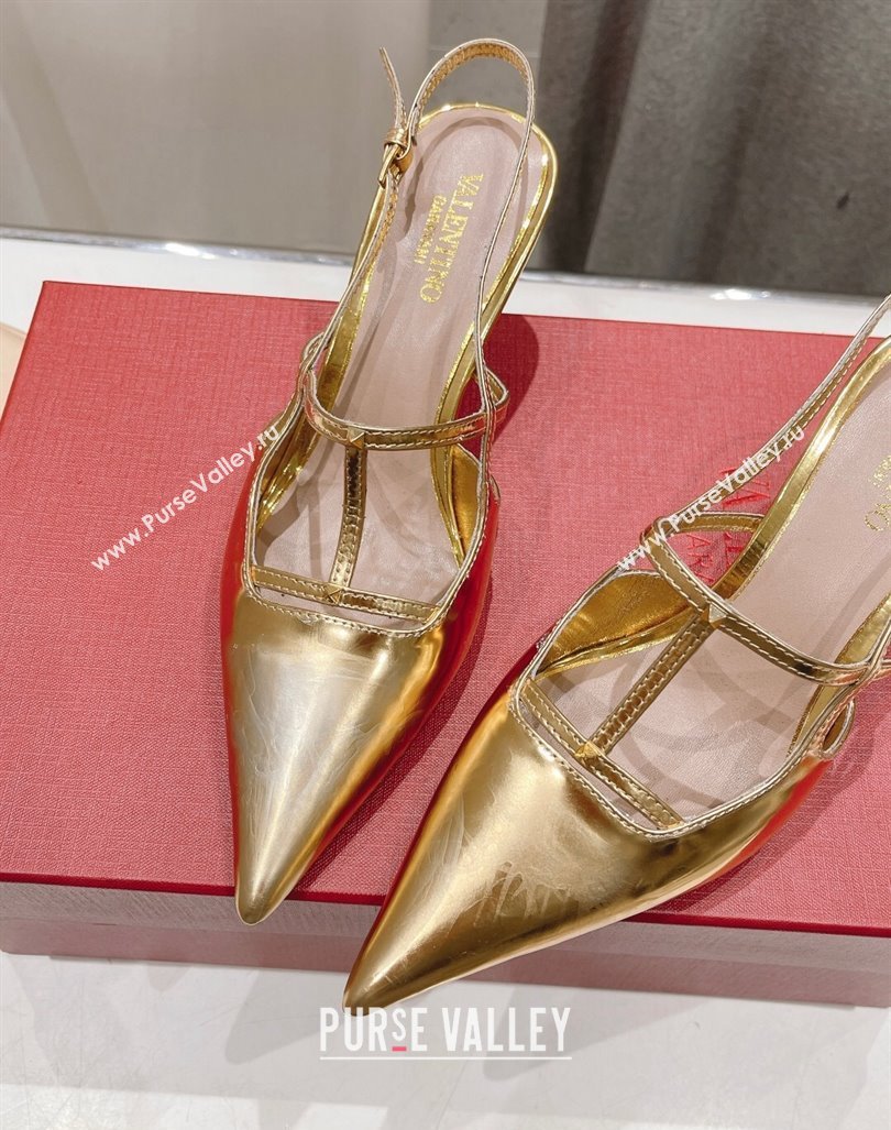 Valentino Rockstud Wispy Calfskin Slingback Pumps 6cm Gold 2024 0429 (MD-240429140)