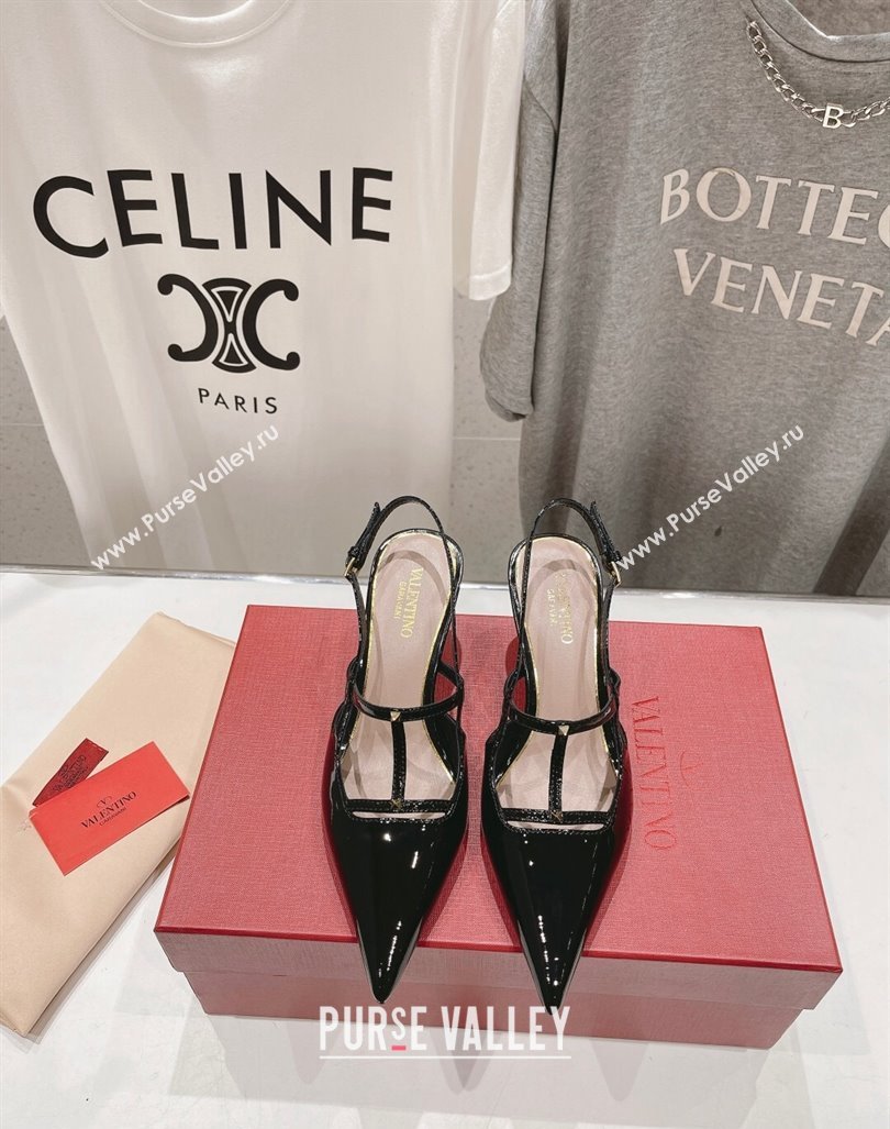 Valentino Rockstud Wispy Patent Calfskin Slingback Pumps 6cm Black 2024 0429 (MD-240429141)