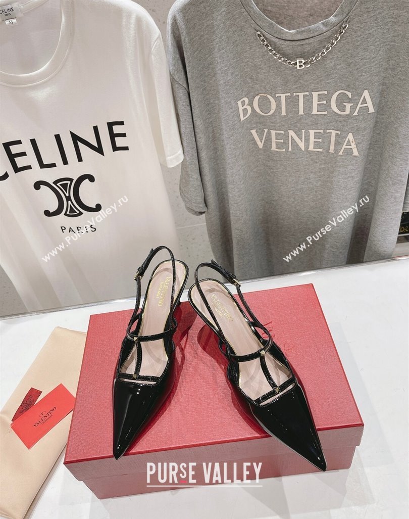 Valentino Rockstud Wispy Patent Calfskin Slingback Pumps 6cm Black 2024 0429 (MD-240429141)