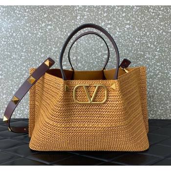 Valentino Medium VLogo Raffia Straw Summer Tote bag Gold-Tone 2023 0330S (LN-2405241142)