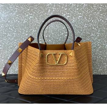 Valentino Medium VLogo Raffia Straw Summer Tote bag Gold-Tone 2023 0330S (LN-2405241142)