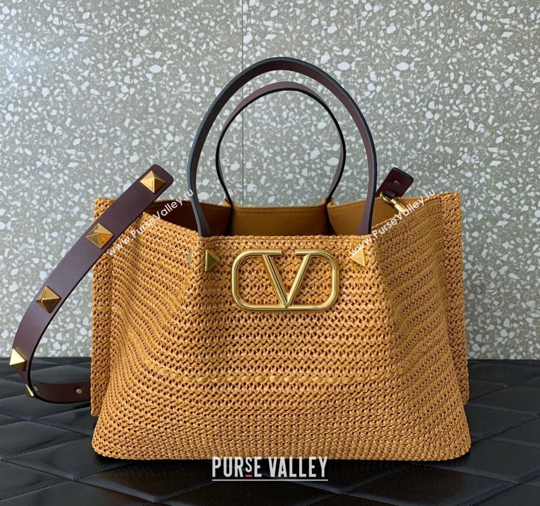 Valentino Medium VLogo Raffia Straw Summer Tote bag Gold-Tone 2023 0330S (LN-2405241142)