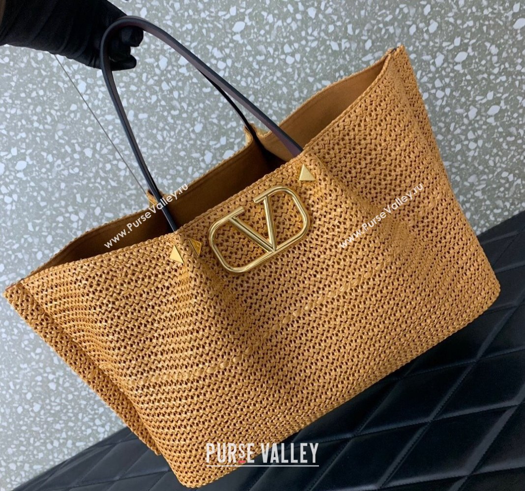 Valentino Medium VLogo Raffia Straw Summer Tote bag Gold-Tone 2023 0330S (LN-2405241142)