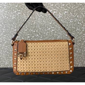 Valentino Small Rockstud Crossbody Bag in Woven Raffia Straw Beige/Brown 2024 0311 (LN-2405241146)