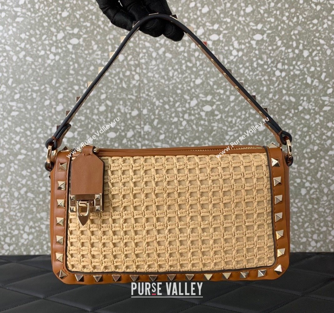 Valentino Small Rockstud Crossbody Bag in Woven Raffia Straw Beige/Brown 2024 0311 (LN-2405241146)