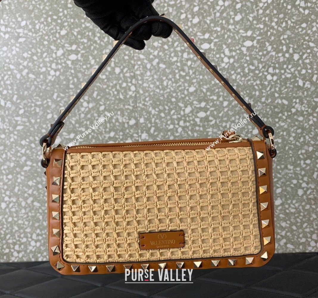 Valentino Small Rockstud Crossbody Bag in Woven Raffia Straw Beige/Brown 2024 0311 (LN-2405241146)