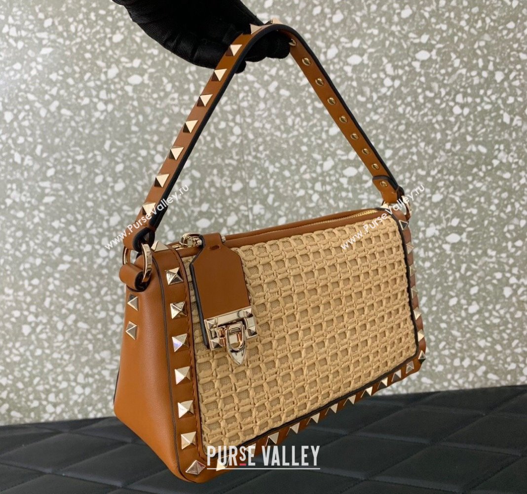 Valentino Small Rockstud Crossbody Bag in Woven Raffia Straw Beige/Brown 2024 0311 (LN-2405241146)