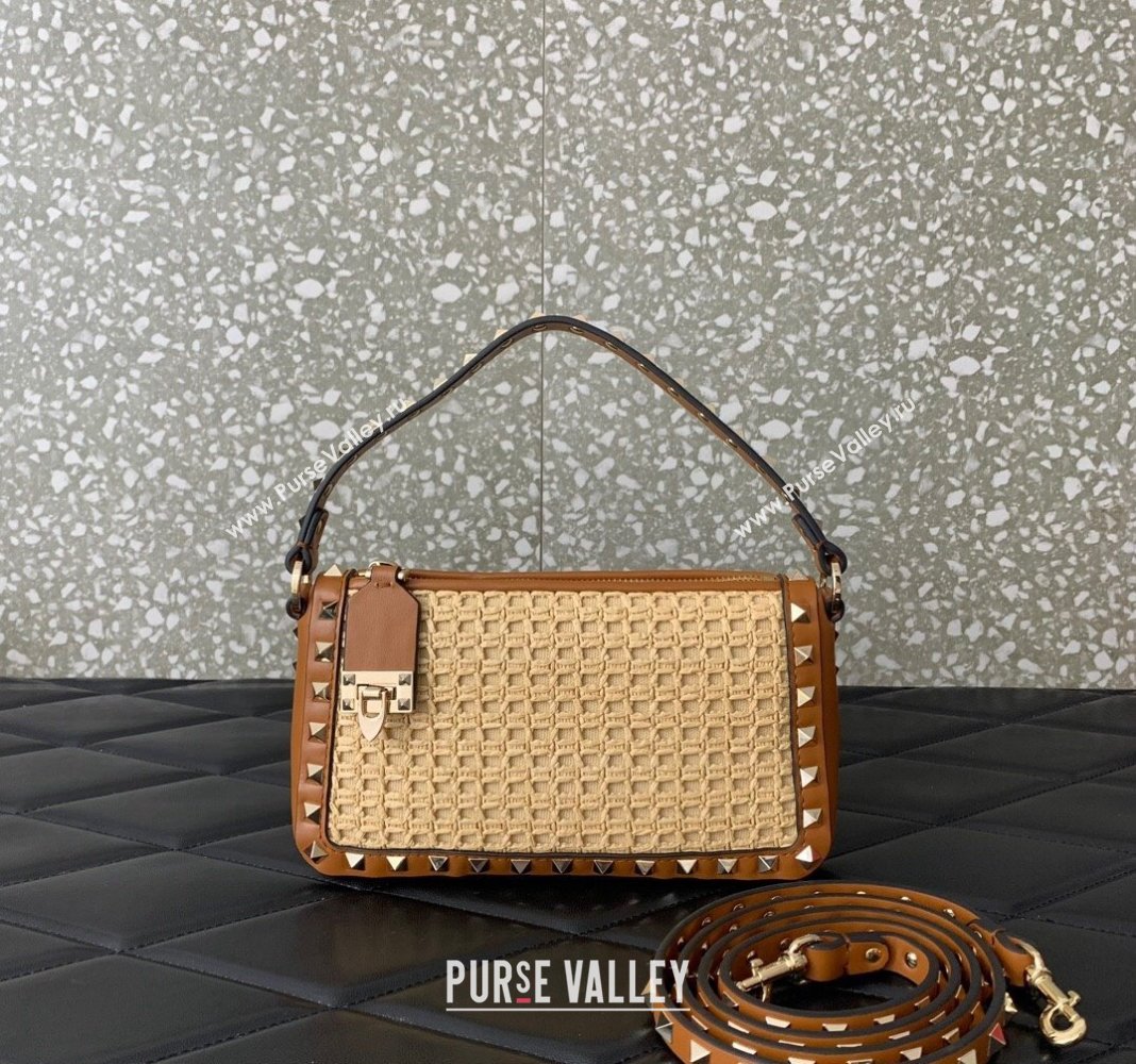 Valentino Small Rockstud Crossbody Bag in Woven Raffia Straw Beige/Brown 2024 0311 (LN-2405241146)