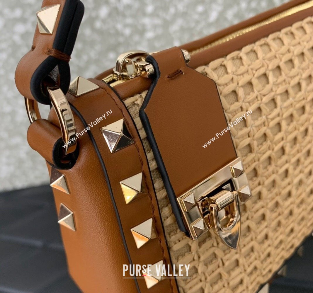 Valentino Small Rockstud Crossbody Bag in Woven Raffia Straw Beige/Brown 2024 0311 (LN-2405241146)