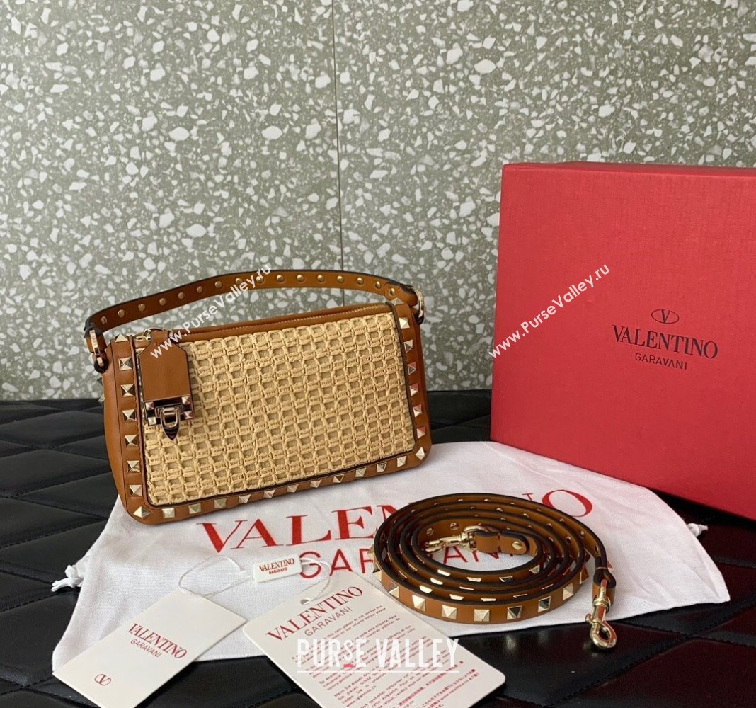 Valentino Small Rockstud Crossbody Bag in Woven Raffia Straw Beige/Brown 2024 0311 (LN-2405241146)