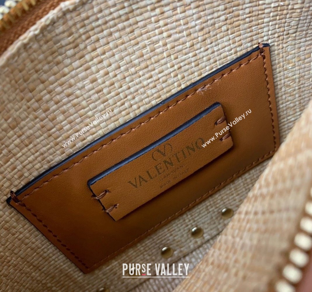 Valentino Small Rockstud Crossbody Bag in Woven Raffia Straw Beige/Brown 2024 0311 (LN-2405241146)