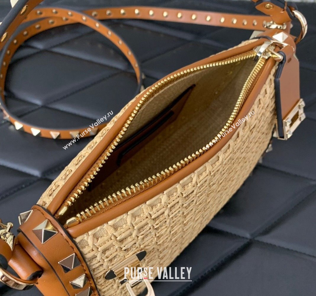 Valentino Small Rockstud Crossbody Bag in Woven Raffia Straw Beige/Brown 2024 0311 (LN-2405241146)