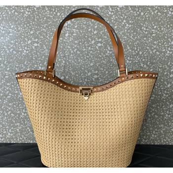 Valentino Rockstud Shopping Bag in Woven Raffia Straw Beige/Brown 2024 0600 (LN-2405241147)