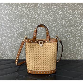 Valentino Mini Rockstud Bucket Bag in Woven Raffia Straw Beige/Brown 2024 0314 (LN-2405241148)