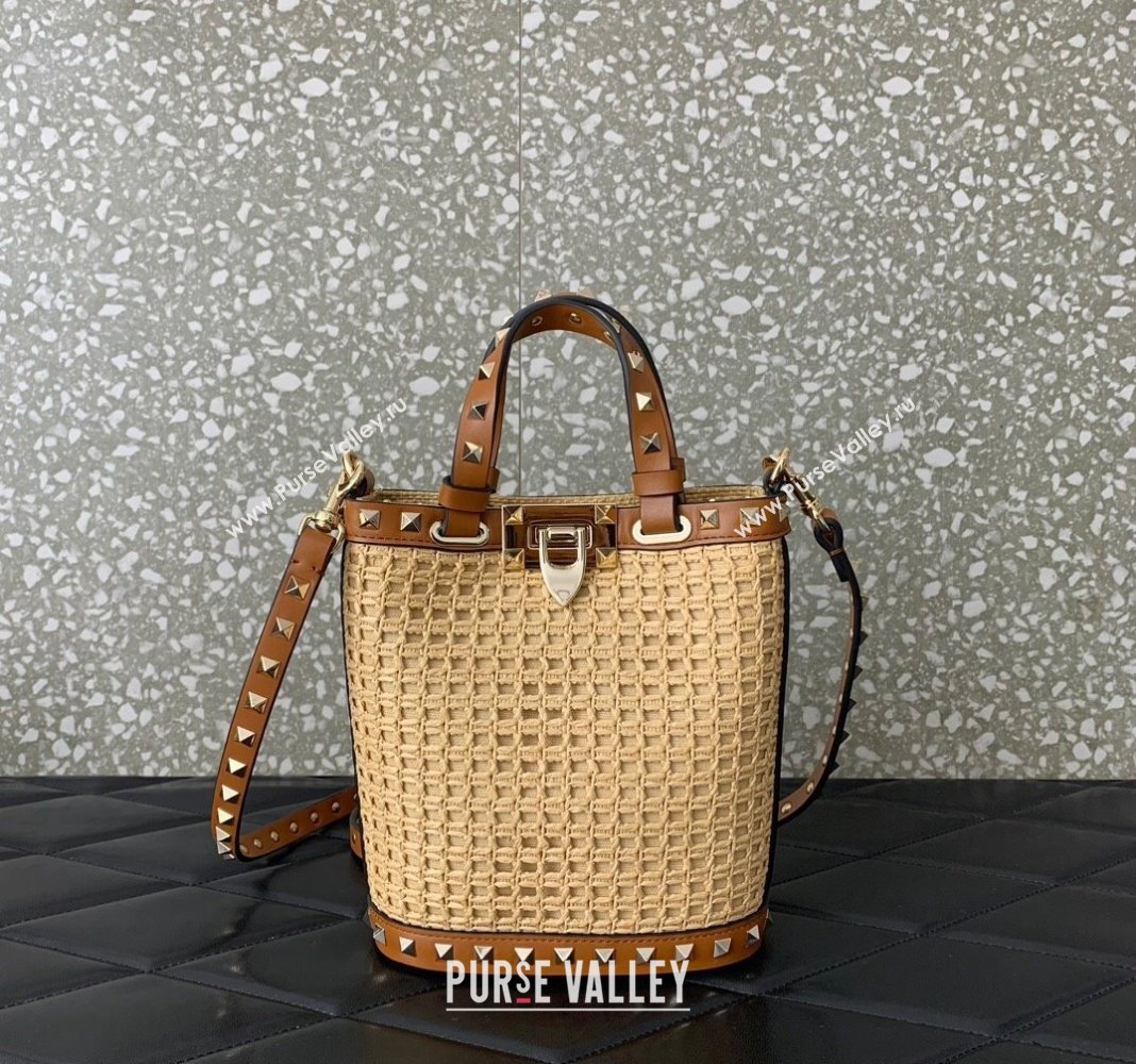 Valentino Mini Rockstud Bucket Bag in Woven Raffia Straw Beige/Brown 2024 0314 (LN-2405241148)