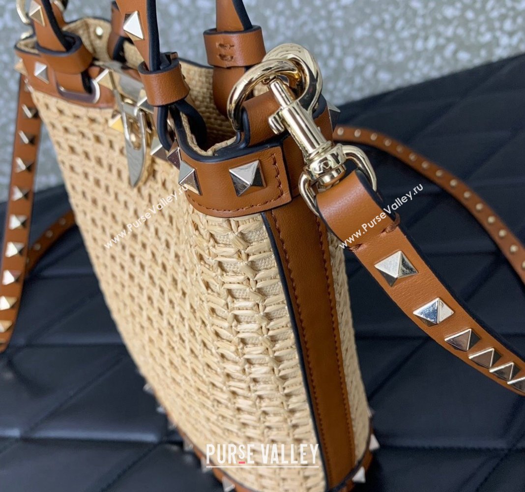 Valentino Mini Rockstud Bucket Bag in Woven Raffia Straw Beige/Brown 2024 0314 (LN-2405241148)