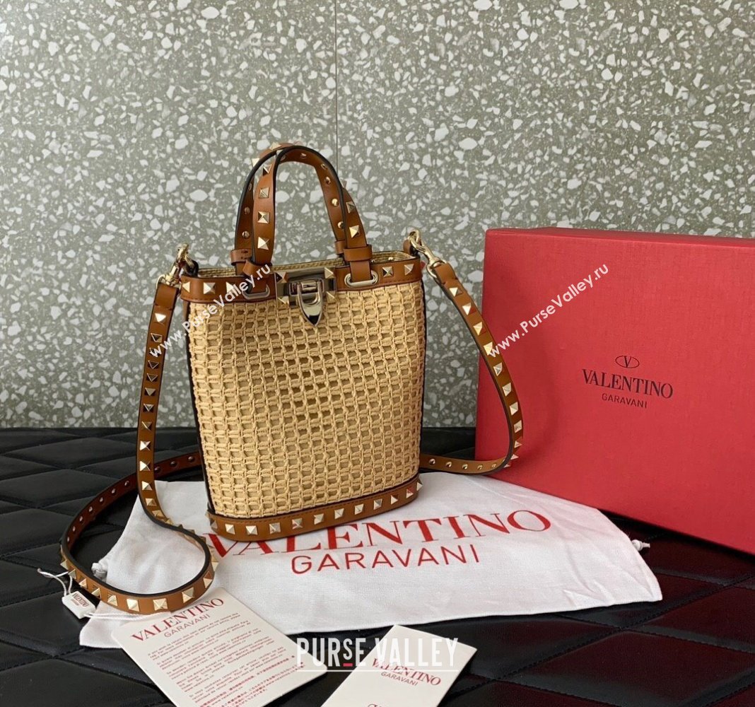 Valentino Mini Rockstud Bucket Bag in Woven Raffia Straw Beige/Brown 2024 0314 (LN-2405241148)