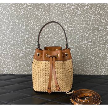 Valentino Mini Rockstud Bucket Bag in Woven Raffia Straw Beige/Brown 2024 03191 (LN-2405241150)