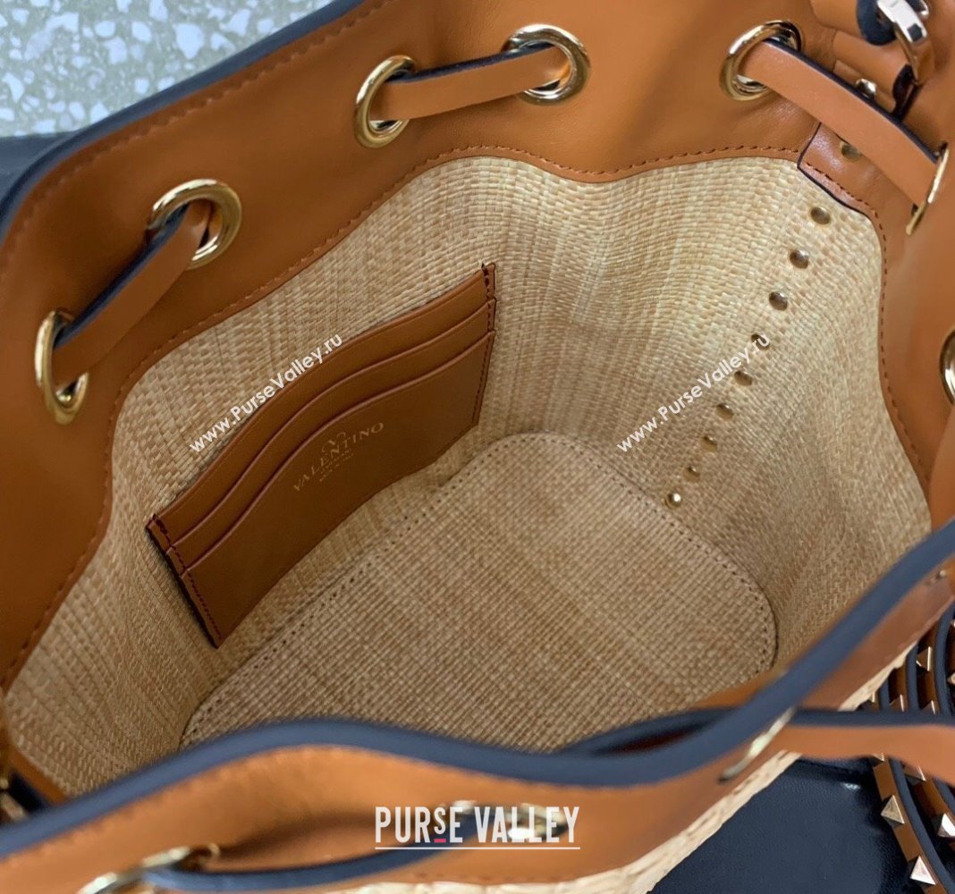 Valentino Mini Rockstud Bucket Bag in Woven Raffia Straw Beige/Brown 2024 03191 (LN-2405241150)