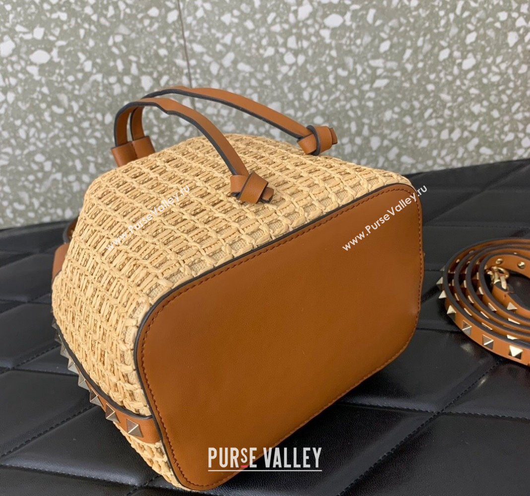 Valentino Mini Rockstud Bucket Bag in Woven Raffia Straw Beige/Brown 2024 03191 (LN-2405241150)