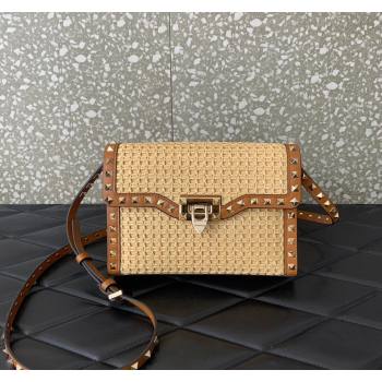 Valentino Small Rockstud Shoulder Bag in Woven Raffia Straw Beige/Brown 2024 03221 (LN-2405241149)