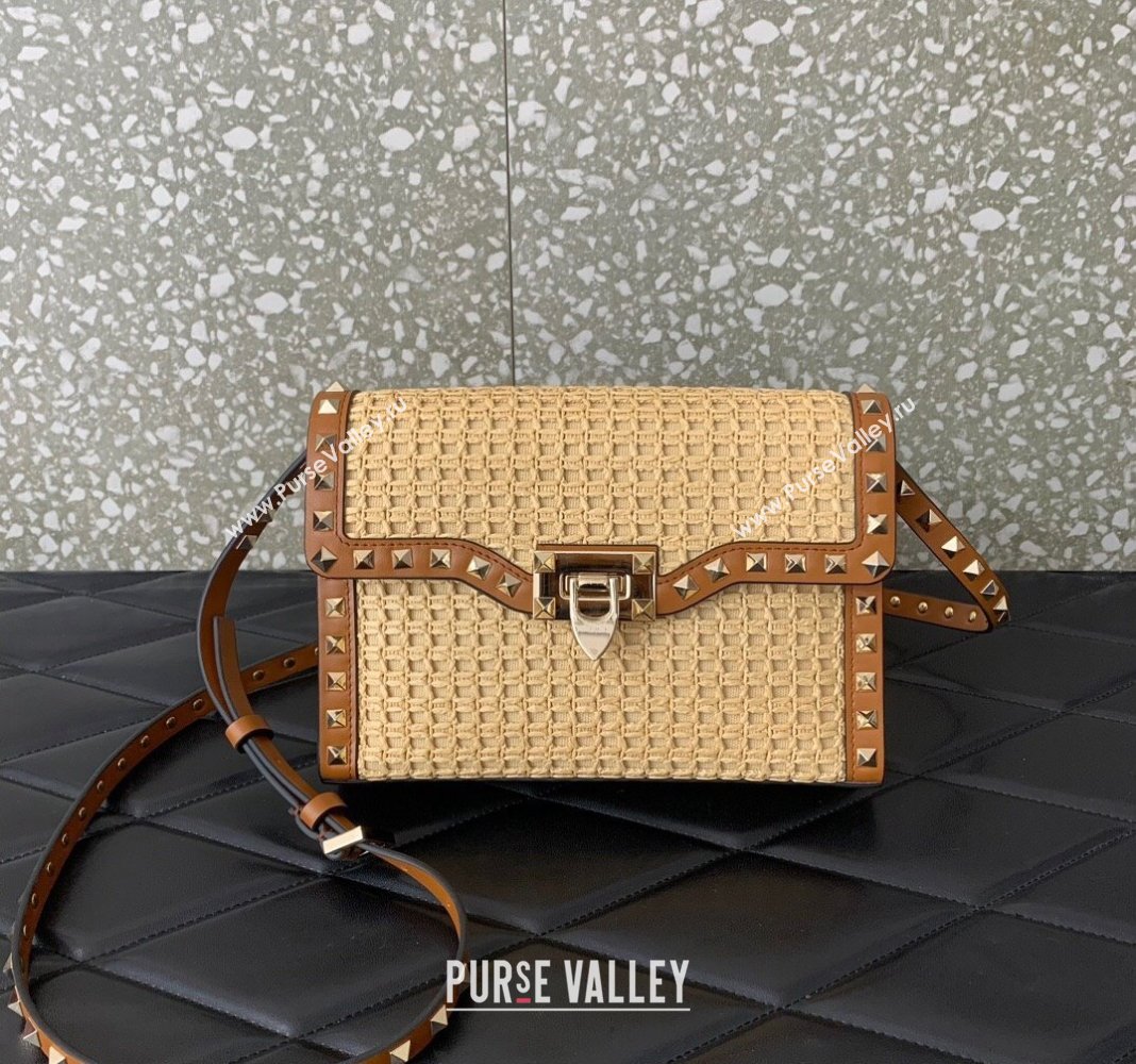 Valentino Small Rockstud Shoulder Bag in Woven Raffia Straw Beige/Brown 2024 03221 (LN-2405241149)