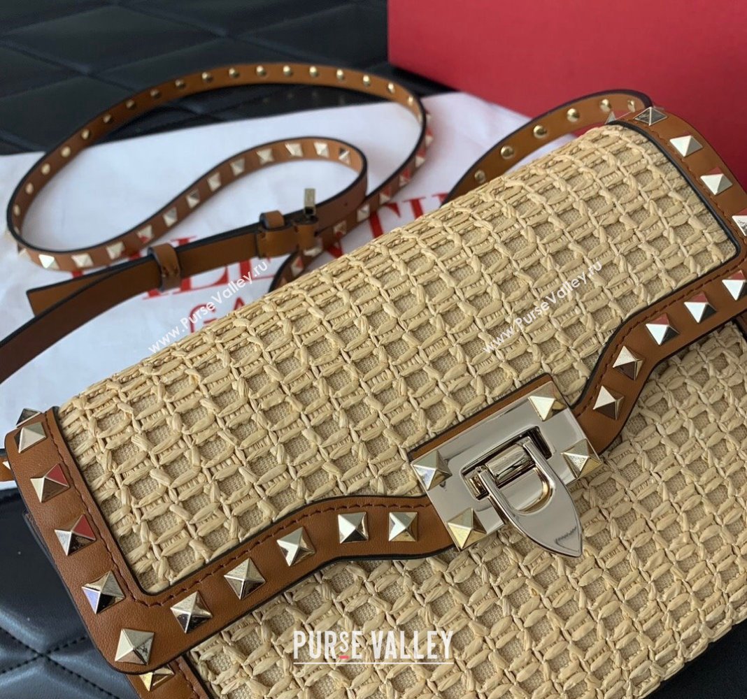 Valentino Small Rockstud Shoulder Bag in Woven Raffia Straw Beige/Brown 2024 03221 (LN-2405241149)