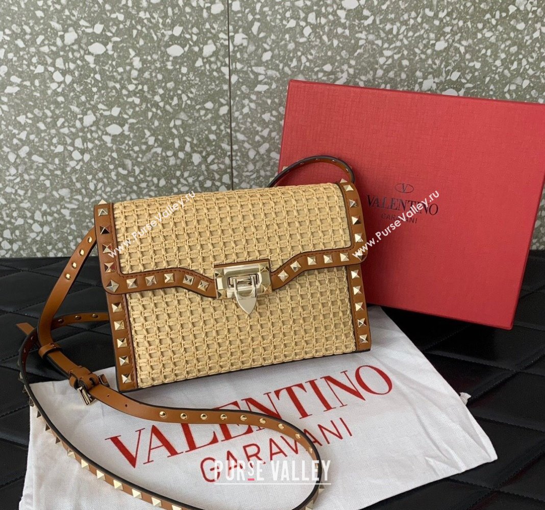 Valentino Small Rockstud Shoulder Bag in Woven Raffia Straw Beige/Brown 2024 03221 (LN-2405241149)