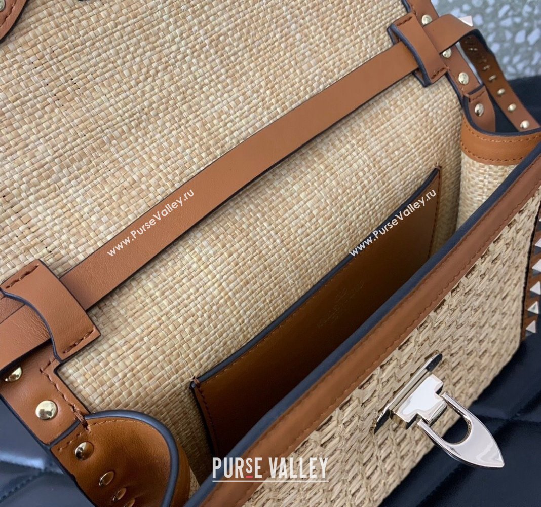 Valentino Small Rockstud Shoulder Bag in Woven Raffia Straw Beige/Brown 2024 03221 (LN-2405241149)