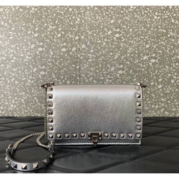 Valentino Rockstud Grainy Calfskin Pouch Chain Mini Bag Silver 2024 VLTN057 (LN-240525001)