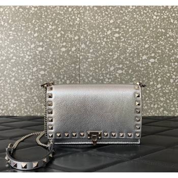 Valentino Rockstud Grainy Calfskin Pouch Chain Mini Bag Silver 2024 VLTN057 (LN-240525001)