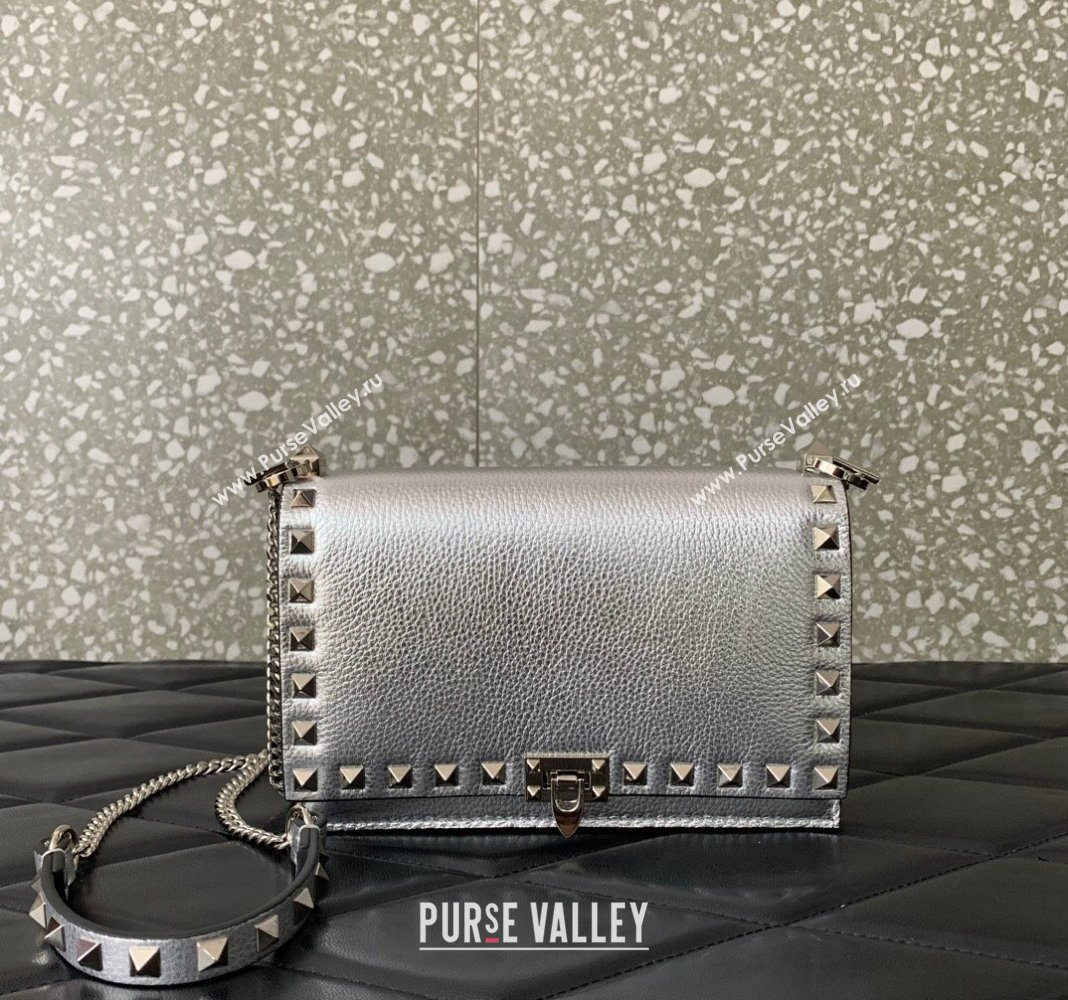 Valentino Rockstud Grainy Calfskin Pouch Chain Mini Bag Silver 2024 VLTN057 (LN-240525001)