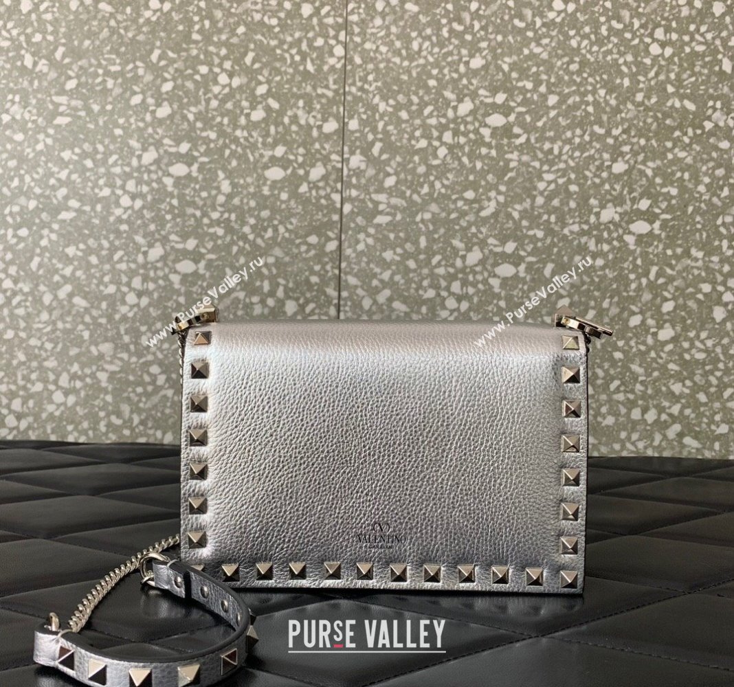 Valentino Rockstud Grainy Calfskin Pouch Chain Mini Bag Silver 2024 VLTN057 (LN-240525001)