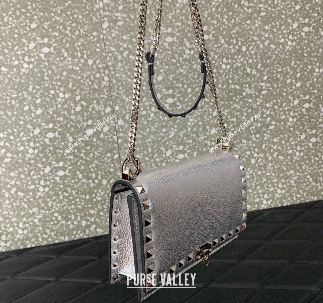 Valentino Rockstud Grainy Calfskin Pouch Chain Mini Bag Silver 2024 VLTN057 (LN-240525001)