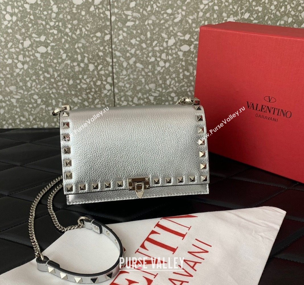 Valentino Rockstud Grainy Calfskin Pouch Chain Mini Bag Silver 2024 VLTN057 (LN-240525001)