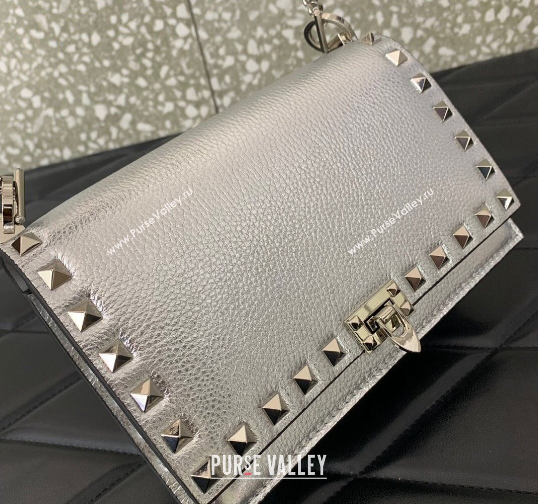 Valentino Rockstud Grainy Calfskin Pouch Chain Mini Bag Silver 2024 VLTN057 (LN-240525001)