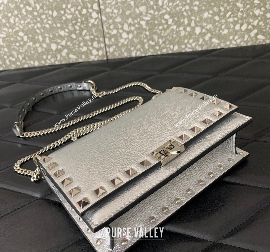 Valentino Rockstud Grainy Calfskin Pouch Chain Mini Bag Silver 2024 VLTN057 (LN-240525001)