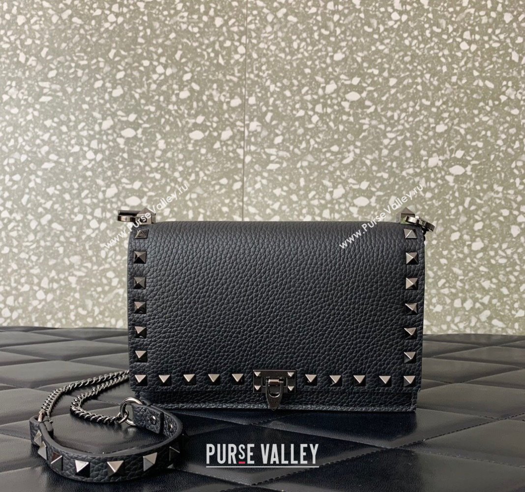 Valentino Rockstud Grainy Calfskin Pouch Chain Mini Bag Black/Gunmetal 2024 VLTN057 (LN-240525002)