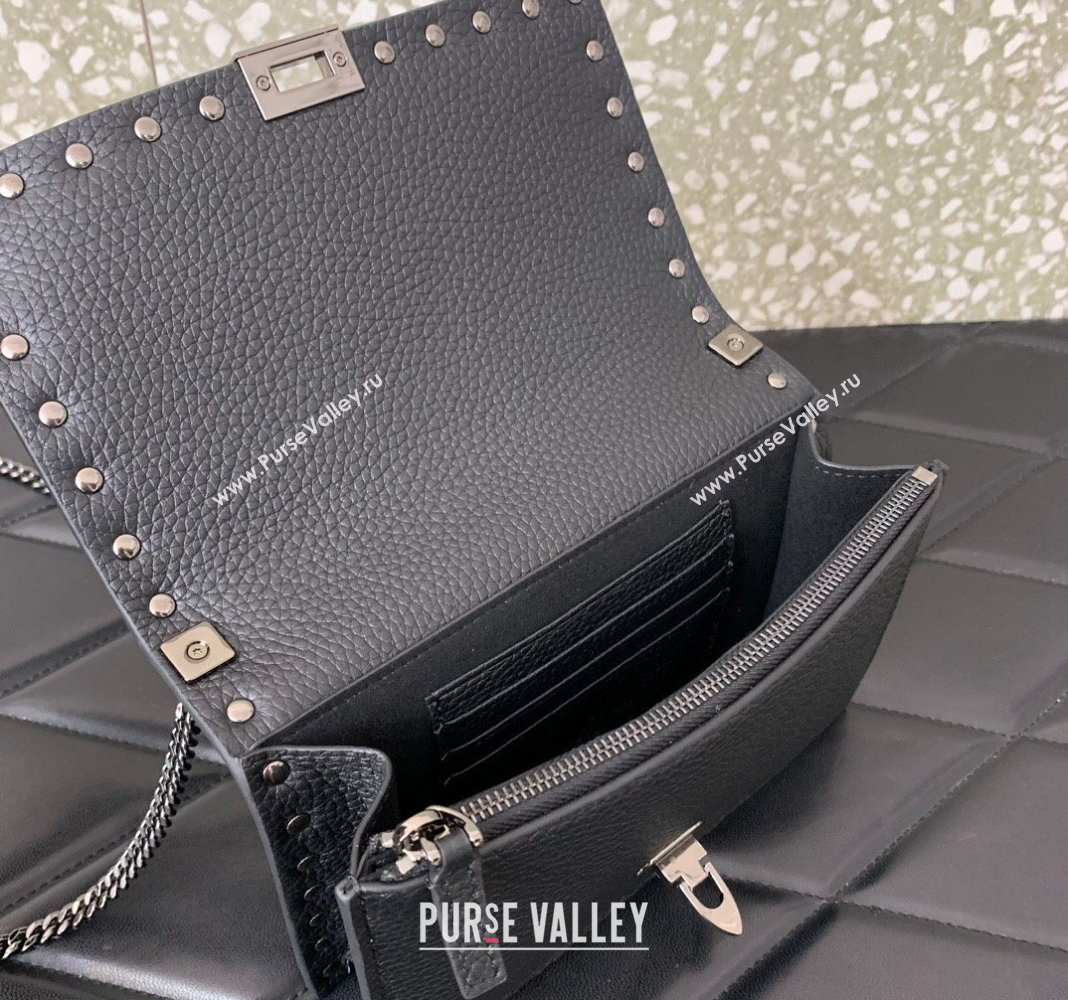 Valentino Rockstud Grainy Calfskin Pouch Chain Mini Bag Black/Gunmetal 2024 VLTN057 (LN-240525002)