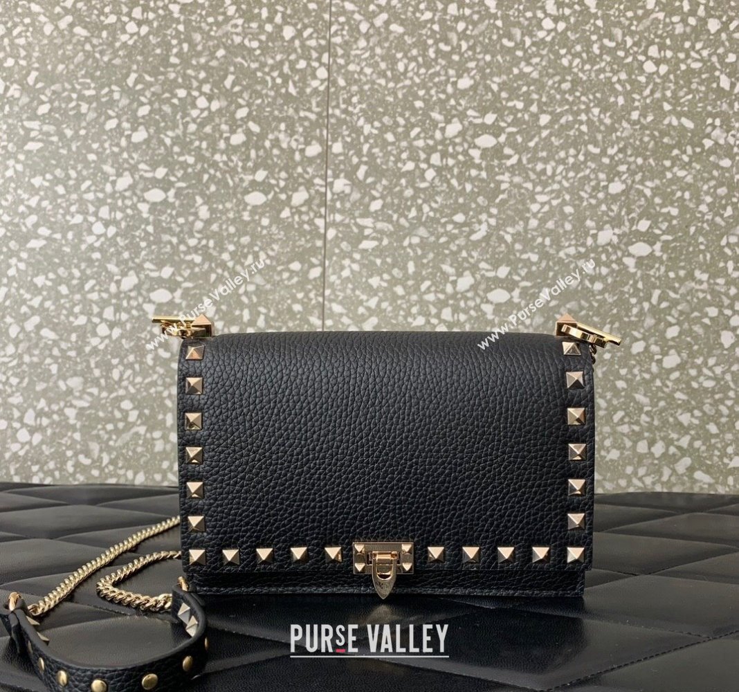 Valentino Rockstud Grainy Calfskin Pouch Chain Mini Bag Black/Gold 2024 VLTN057 (LN-240525006)