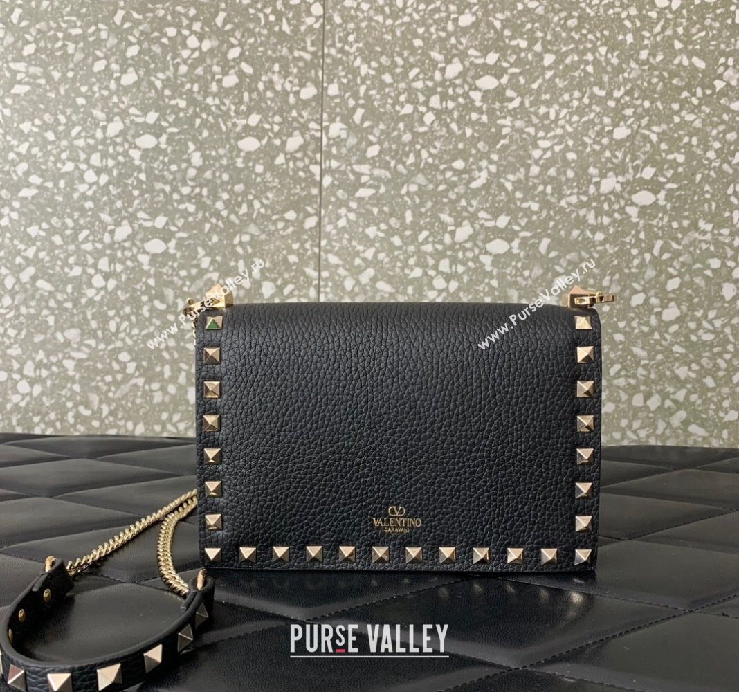 Valentino Rockstud Grainy Calfskin Pouch Chain Mini Bag Black/Gold 2024 VLTN057 (LN-240525006)