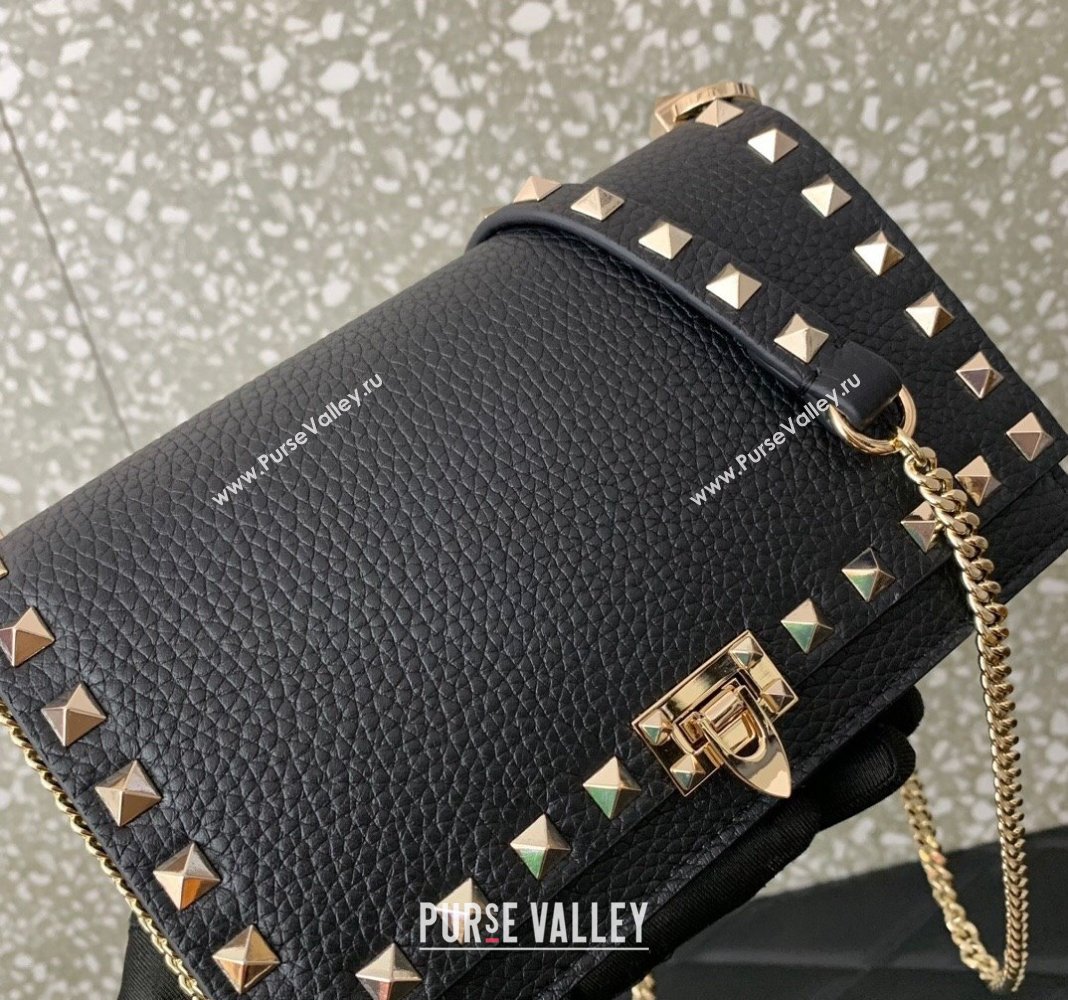 Valentino Rockstud Grainy Calfskin Pouch Chain Mini Bag Black/Gold 2024 VLTN057 (LN-240525006)