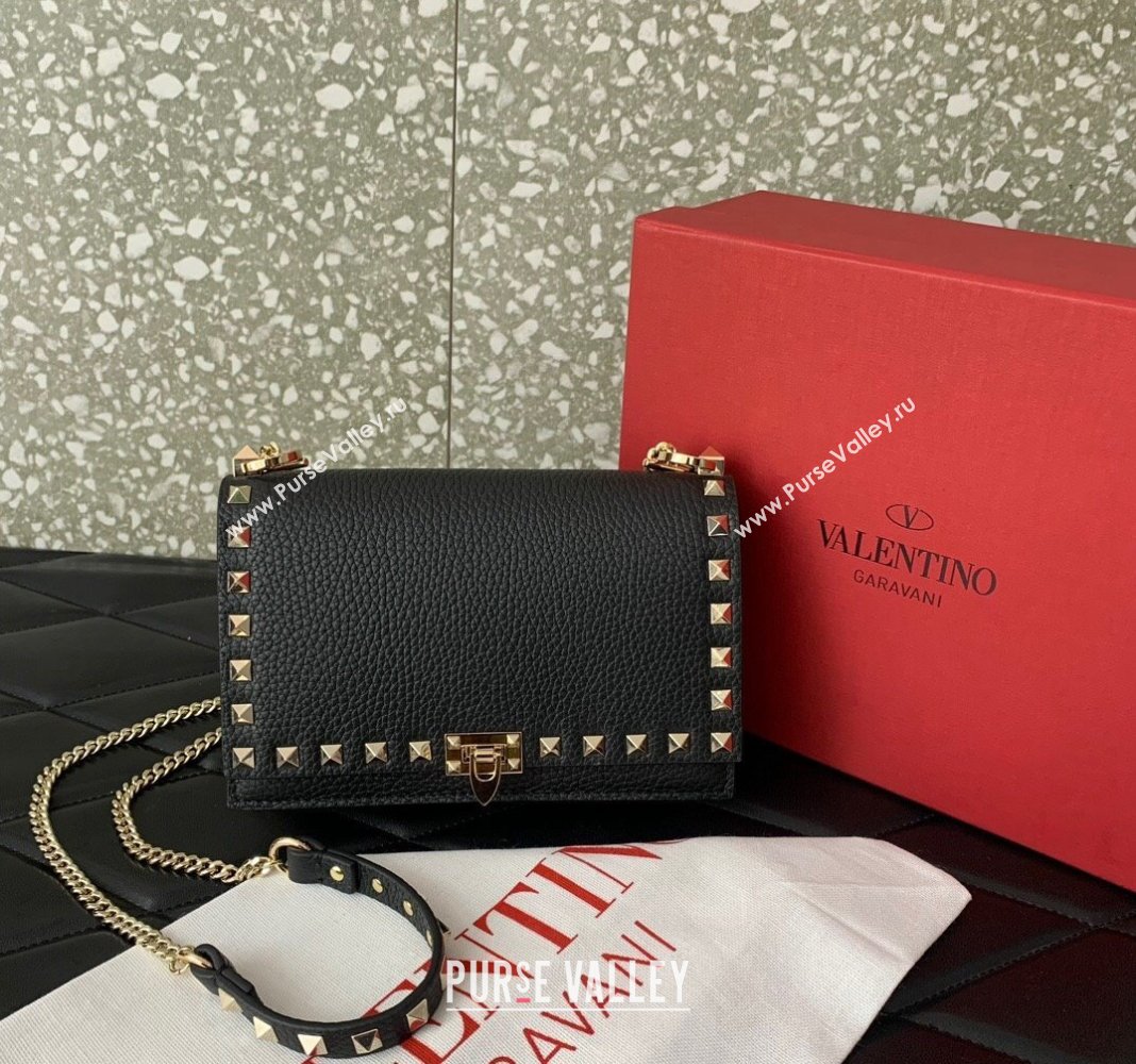 Valentino Rockstud Grainy Calfskin Pouch Chain Mini Bag Black/Gold 2024 VLTN057 (LN-240525006)