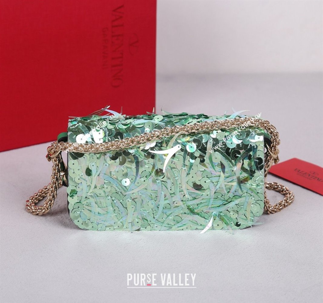 Valentino Locò Small Shoulder Bag in 3D Sequins Embroidery Light Green 2024 22041 (BGJ-240525016)